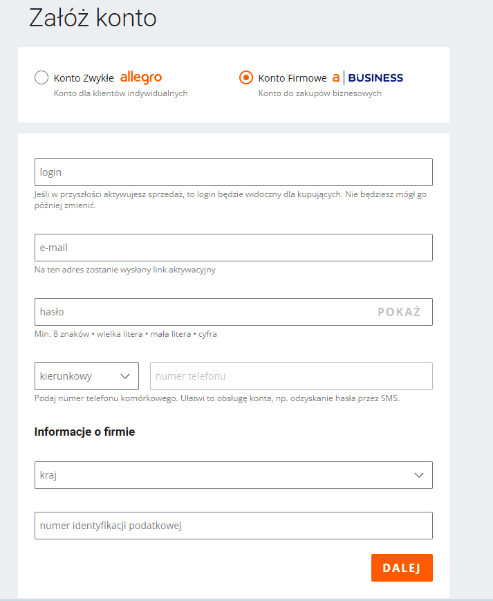 Allegro sign-up form with the Business Account option selected