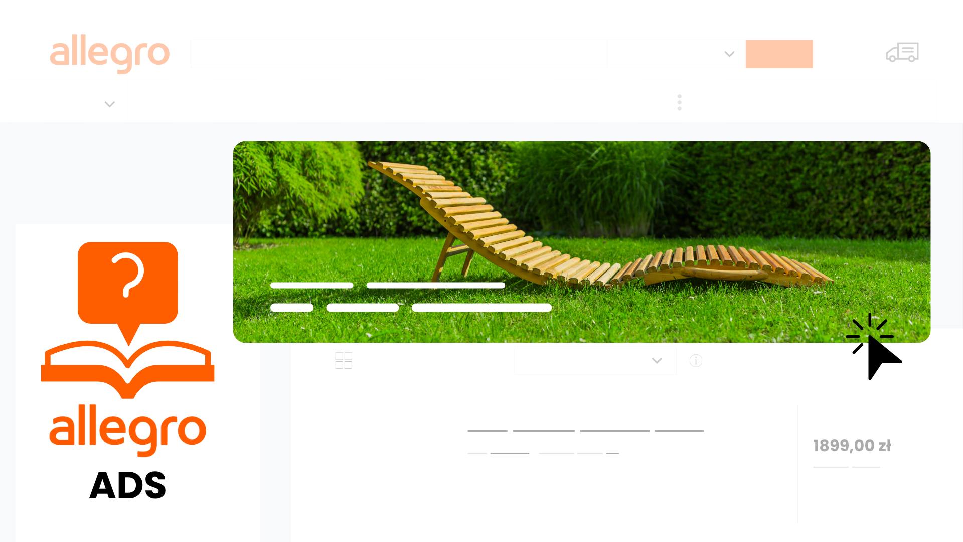 Mock-up of an Allegro page with a display ad banner: a wooden deckchair on grass and a cursor clicking the Allegro ADS ad