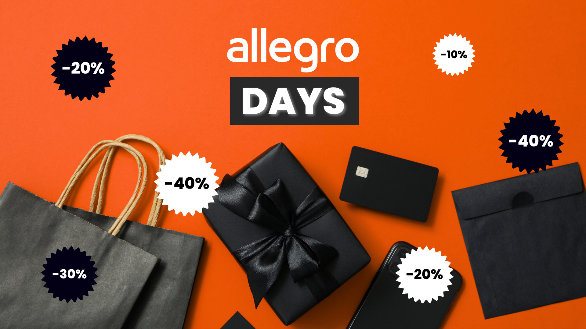 Allegro Days logo on an orange background with shopping bags, a gift, a payment card and discount badges from -10% to -40%