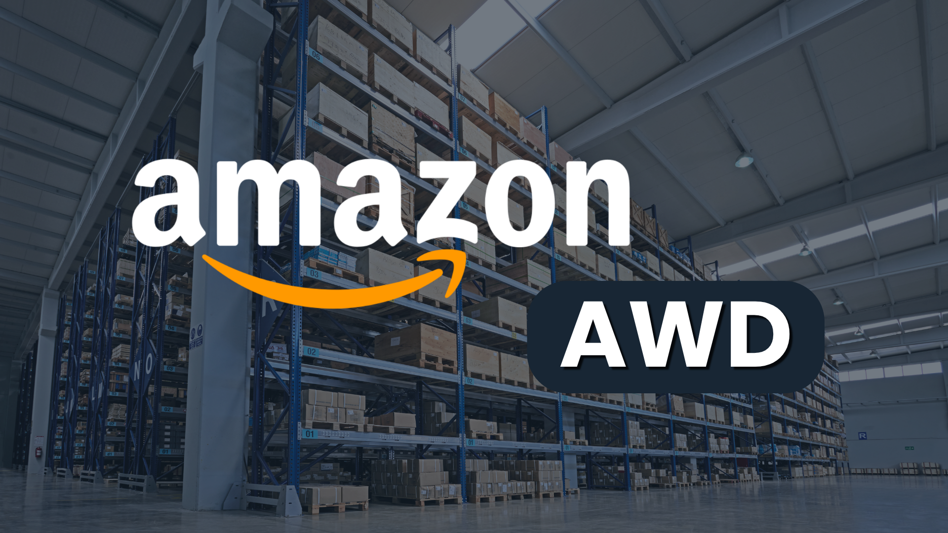 Amazon logo and the letters AWD against tall racks of pallets and cartons in a bulk warehouse