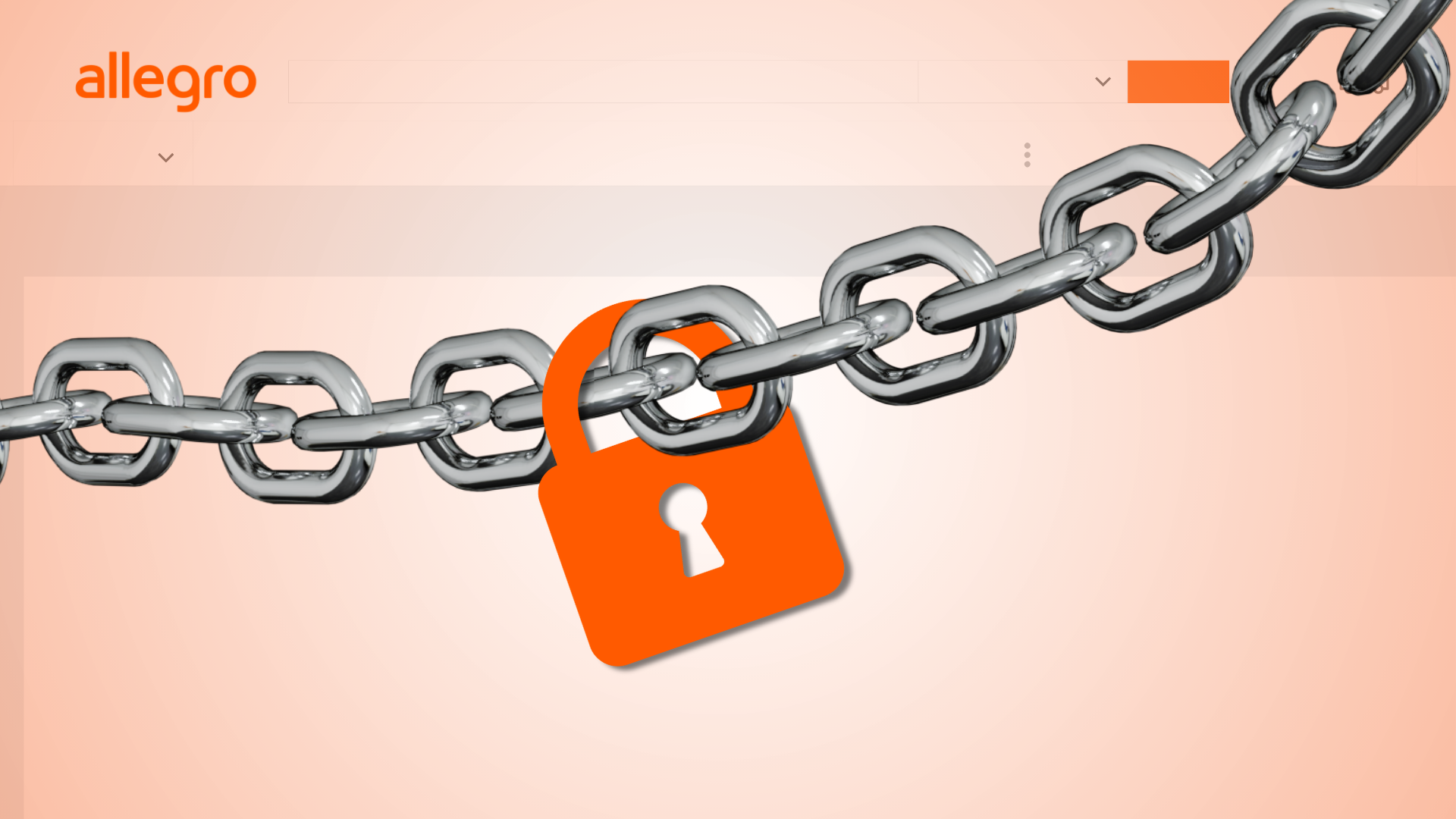 Orange padlock on a steel chain against an Allegro page, symbolising a blocked seller account