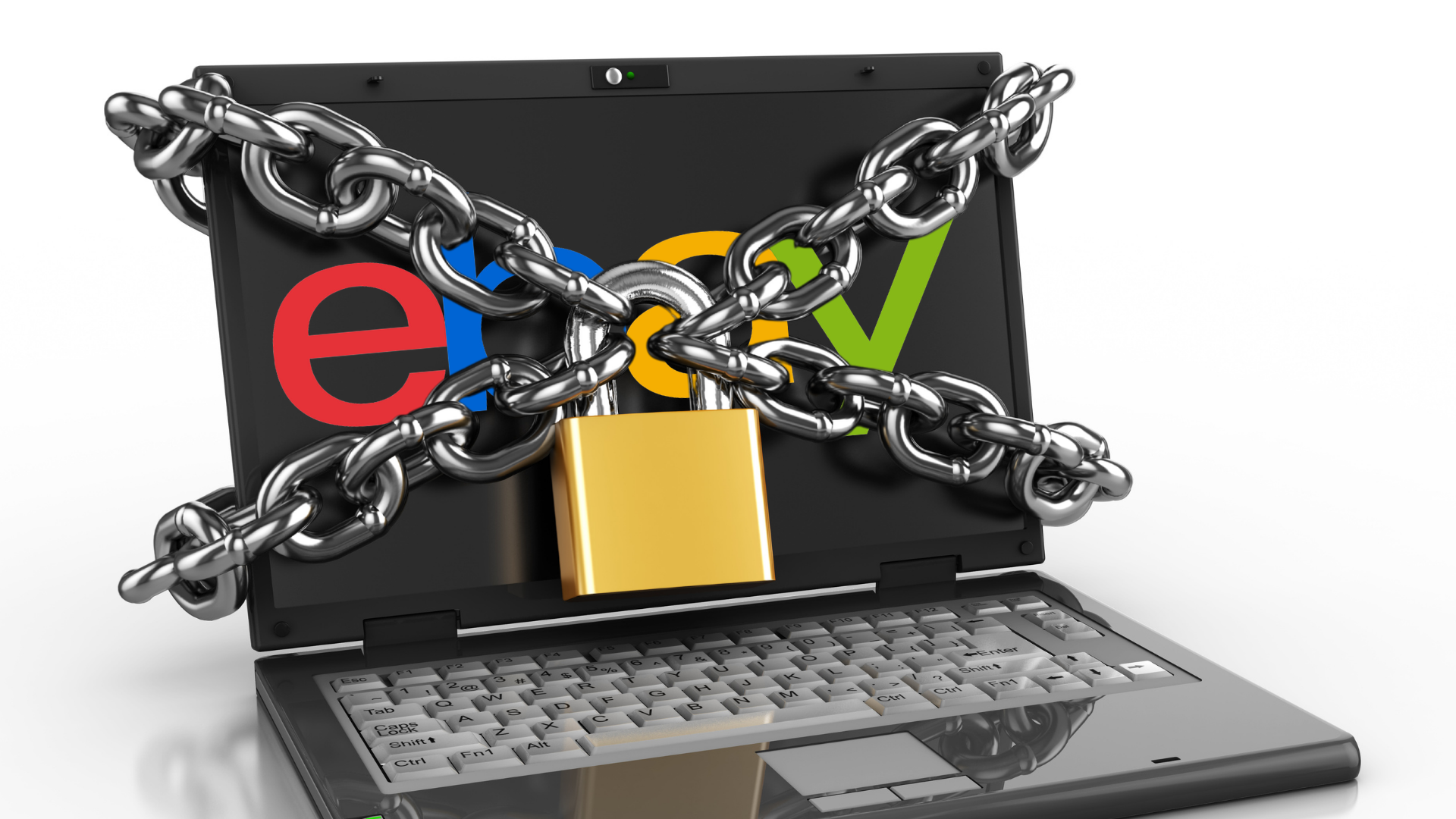 Laptop with the eBay logo on screen, wrapped in chains and locked with a gold padlock – symbolising a suspended eBay account