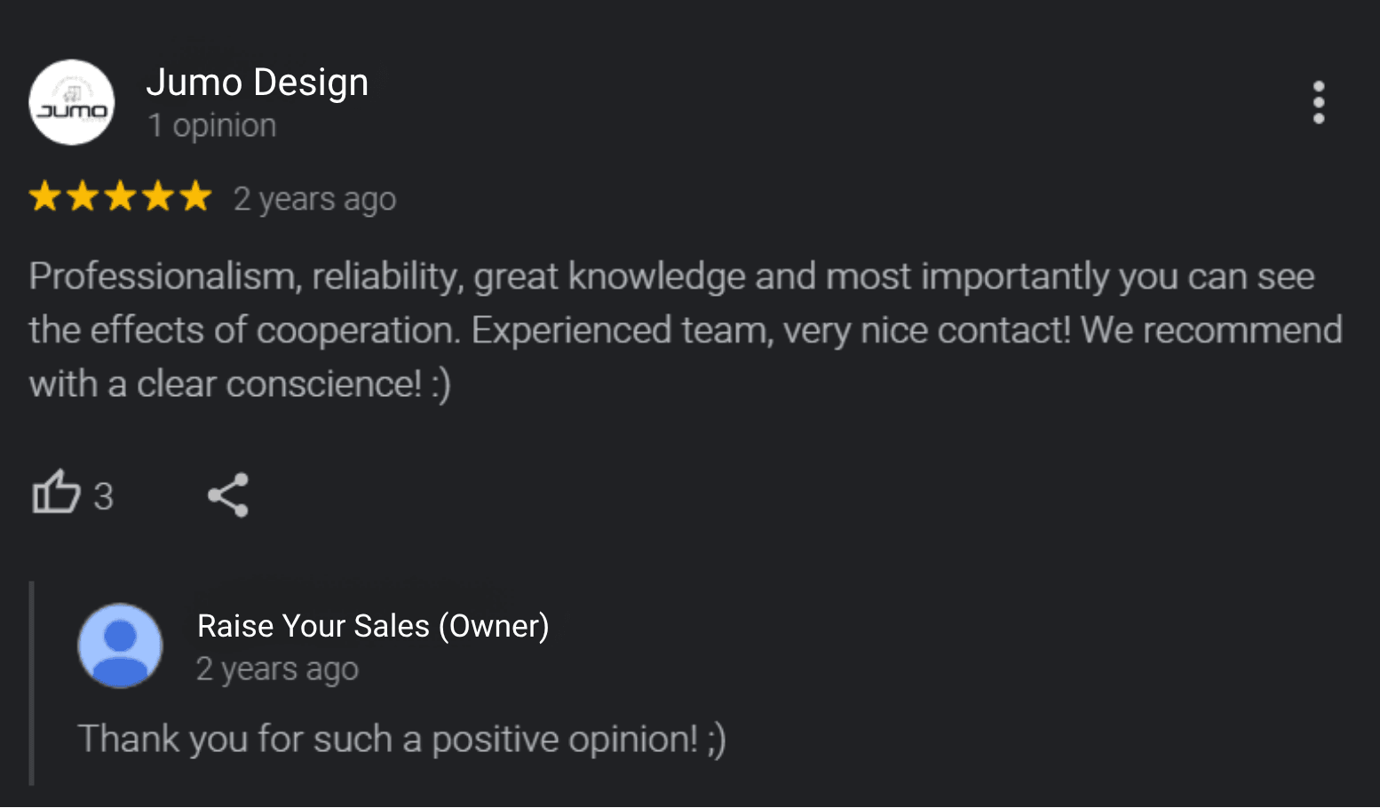 Google review from the Jumo brand about working with Raise Your Sales
