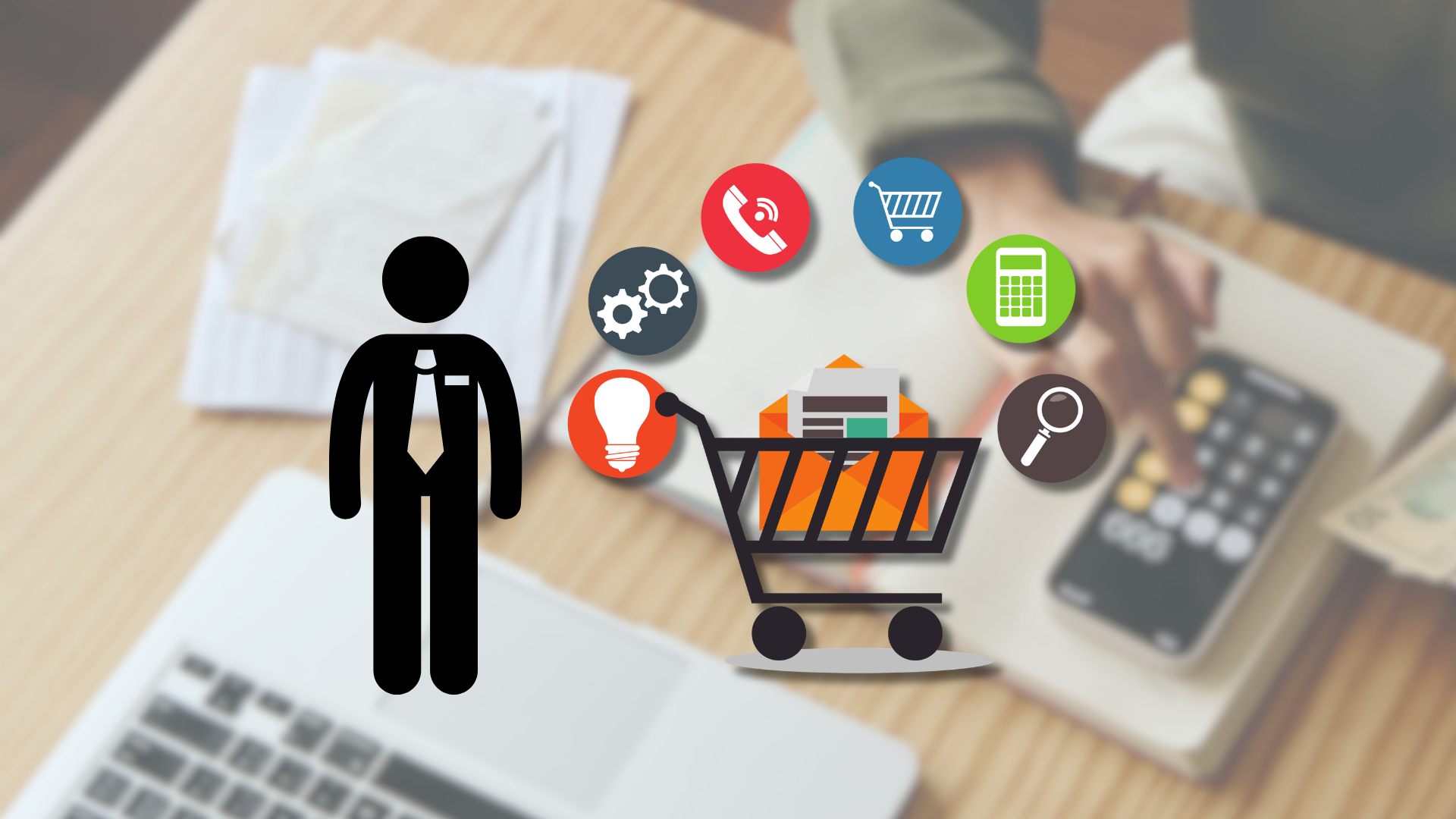 Pictogram of a manager by a shopping trolley, ringed by phone, calculator and magnifier icons – E-commerce Manager duties