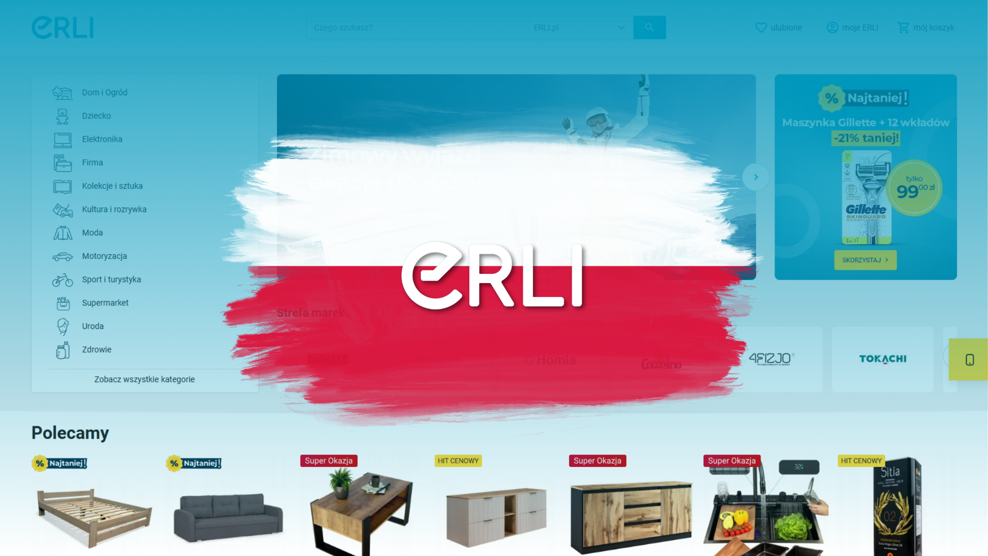 ERLI logo on a white and red flag, with the erli.pl site behind it listing Home & Garden, Fashion, Electronics and Beauty