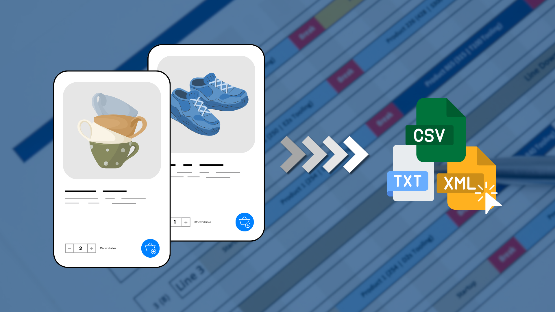 Product cards showing stacked cups and blue trainers, with arrows leading to CSV, TXT and XML product feed files