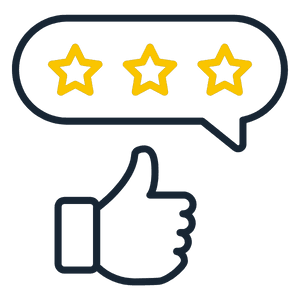 Icon: review bubble with stars and a thumbs up