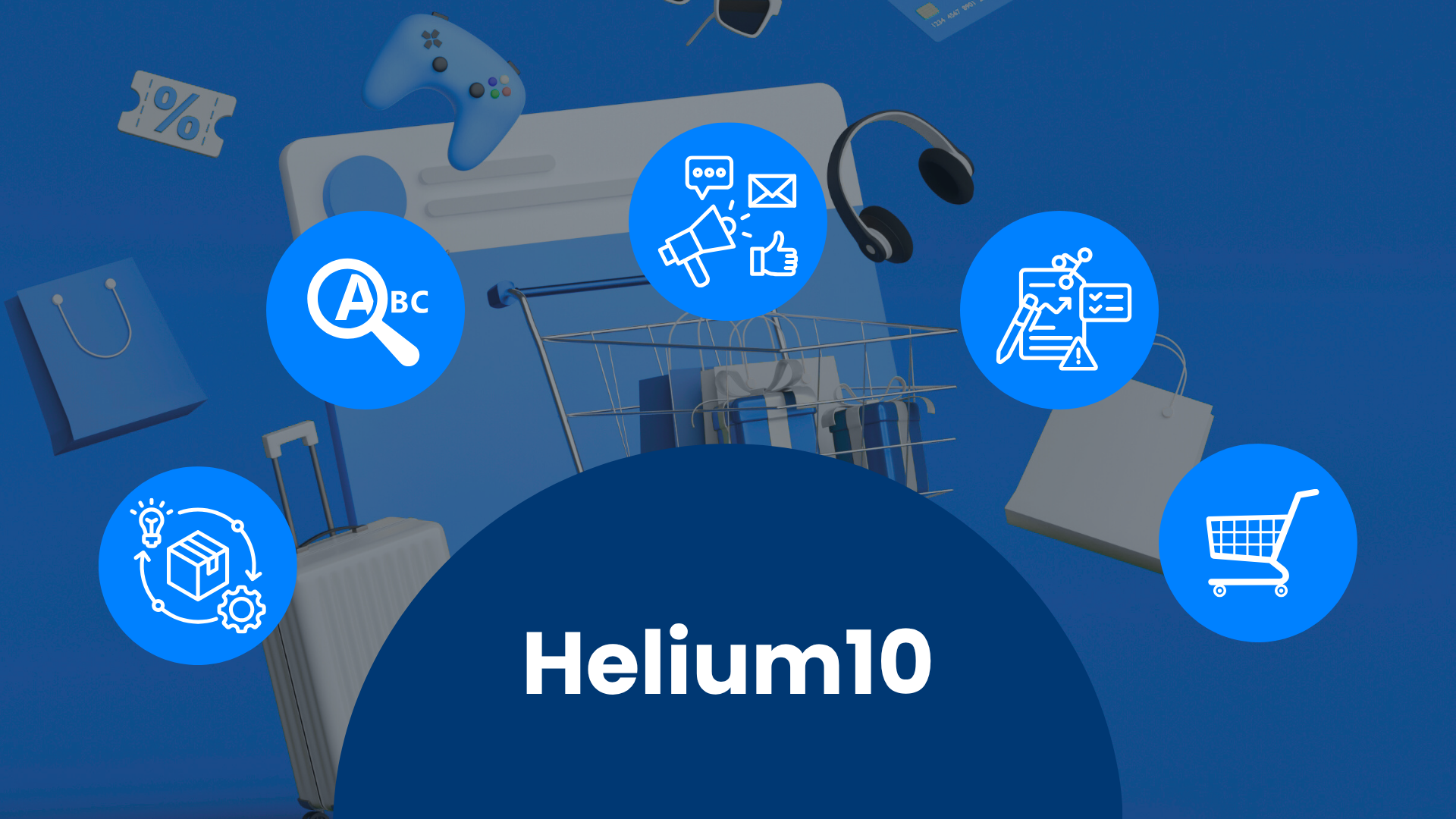 Helium10 lettering surrounded by keyword research, advertising, analytics and product icons in front of a shopping trolley