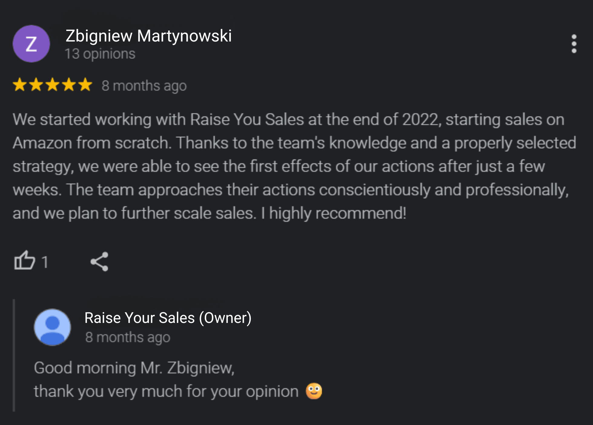 Google review from the Igart brand about working with Raise Your Sales