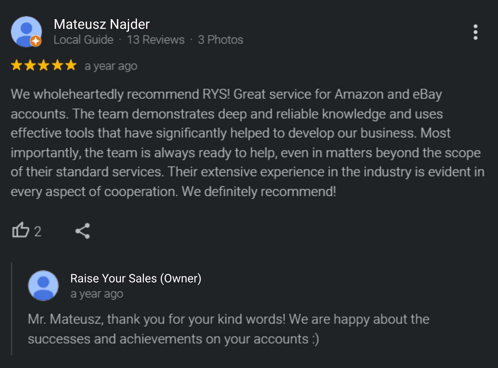 Google review from Mateusz Najder about working with Raise Your Sales
