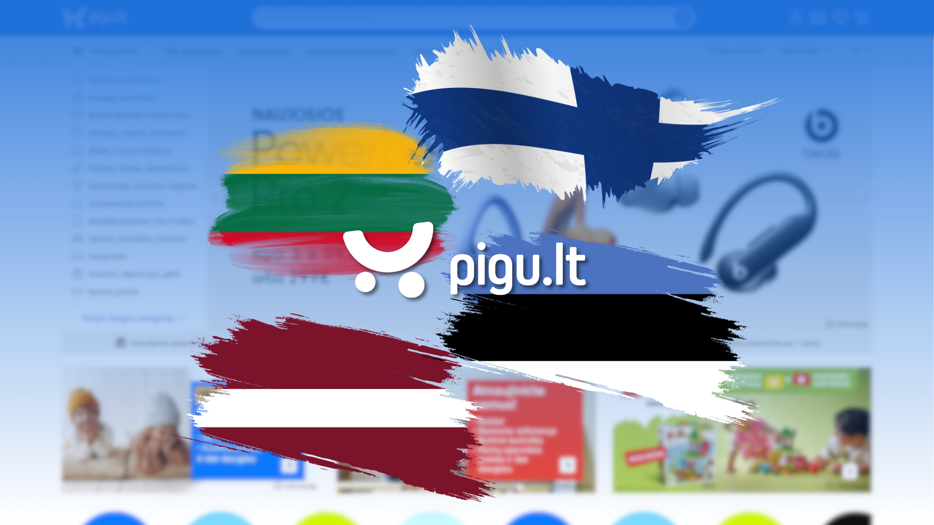 Pigu logo surrounded by the flags of Lithuania, Latvia, Estonia and Finland against a blurred pigu.lt homepage