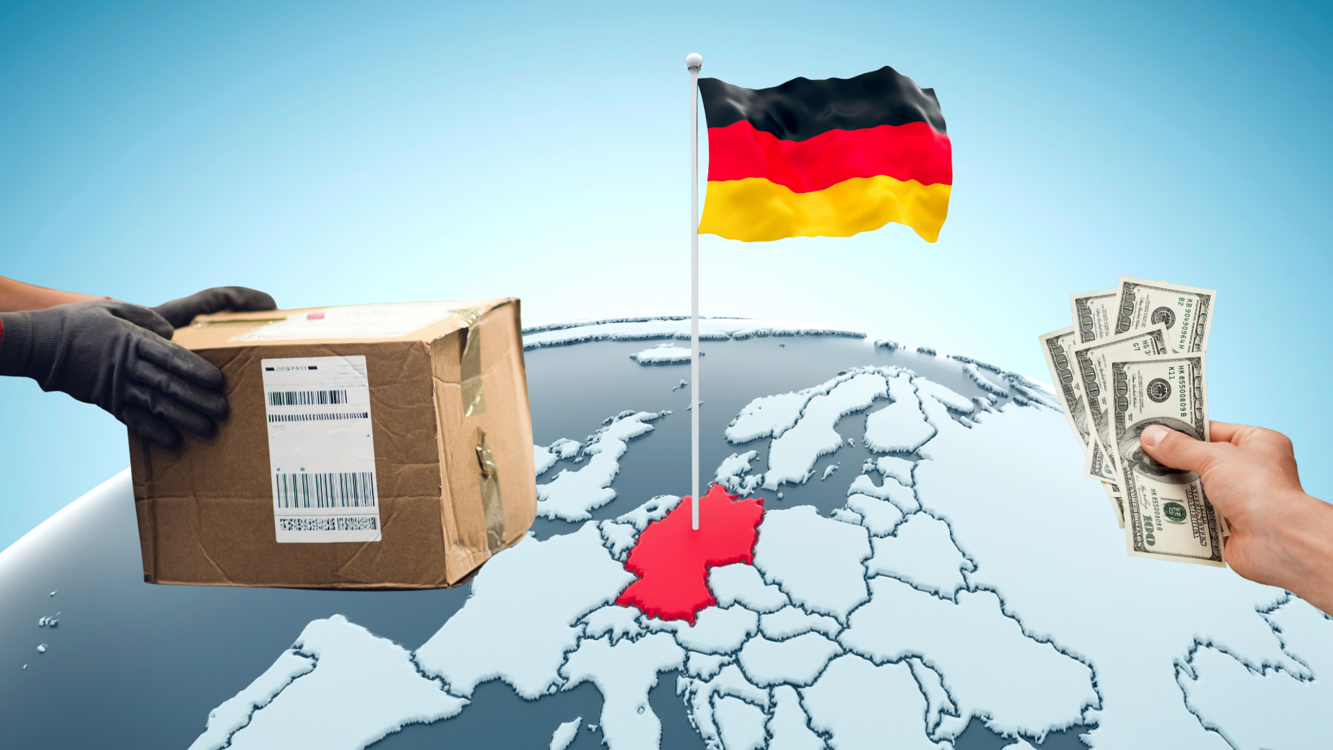 Selling to Germany: a German flag pinned into Germany on a map of Europe, a courier parcel and banknotes in a hand