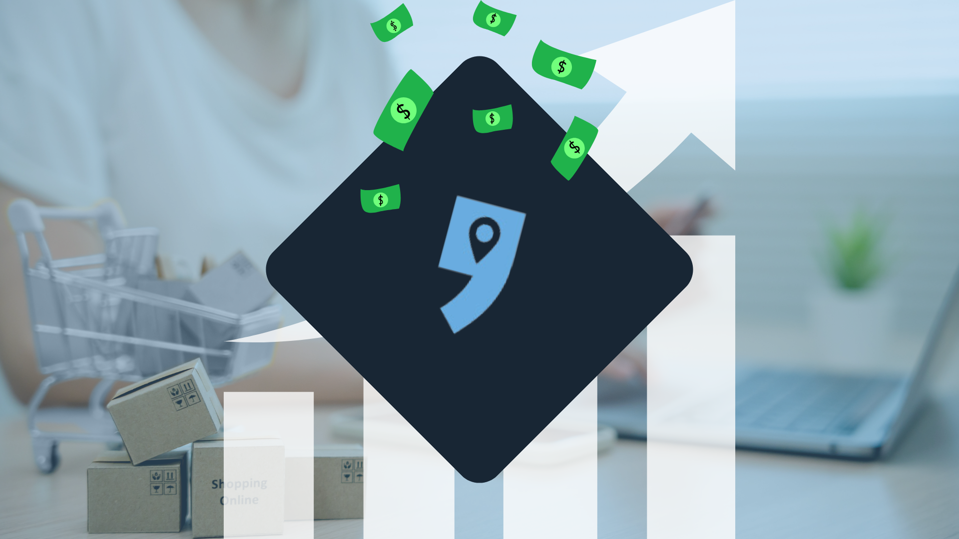 Empik logo in a diamond, falling banknotes and a rising bar chart – the profitability of selling on Empik Marketplace