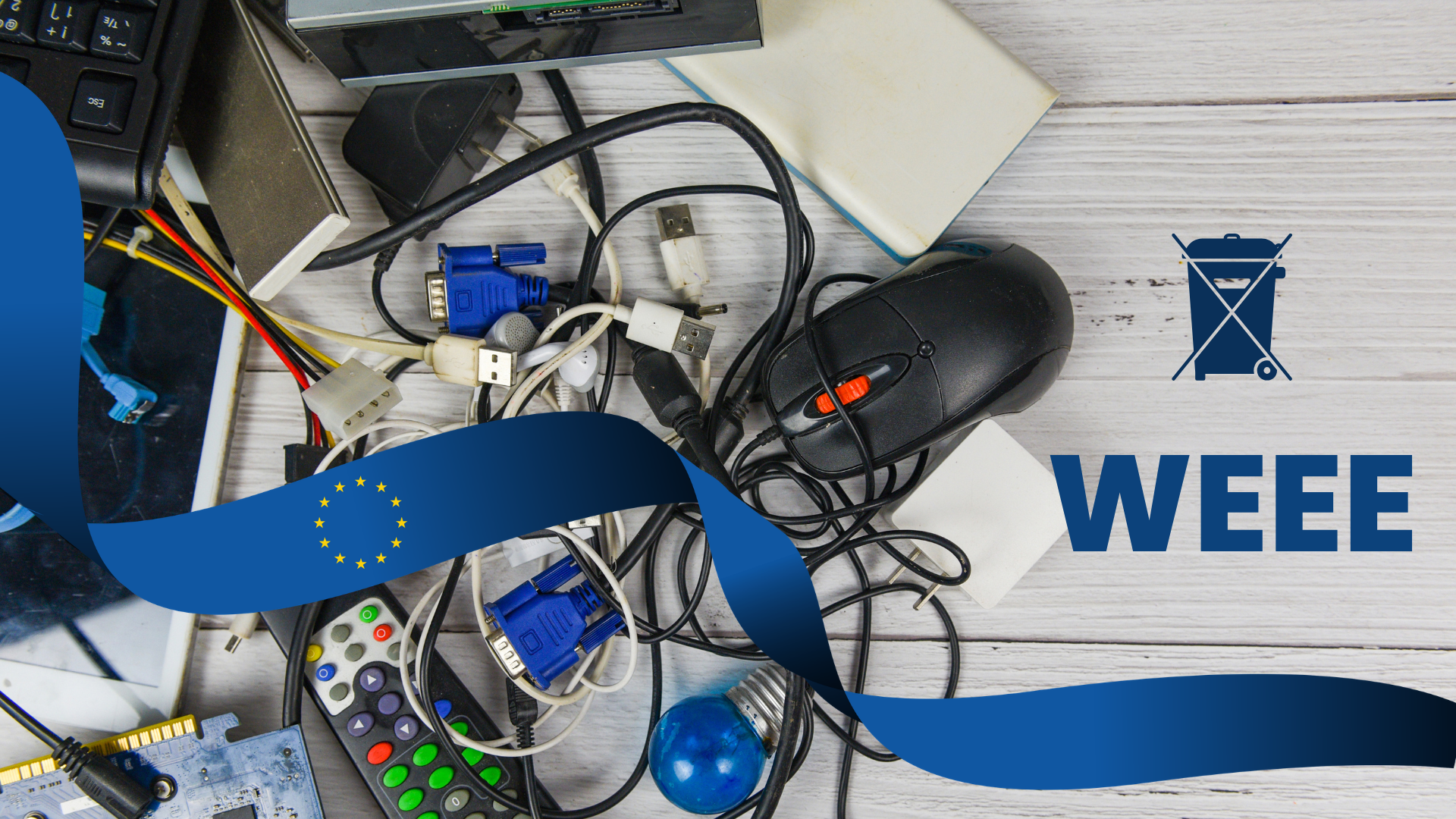 Tangled cables, USB and VGA plugs, a mouse and a remote on a white table next to a crossed-out bin symbol and the word WEEE