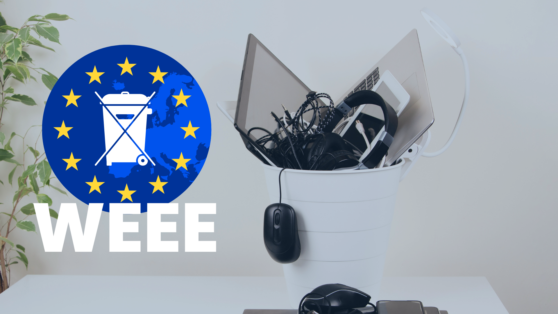 Old laptops, cables and headphones in a bin next to the EU WEEE symbol – obligations for electronics sellers on Amazon