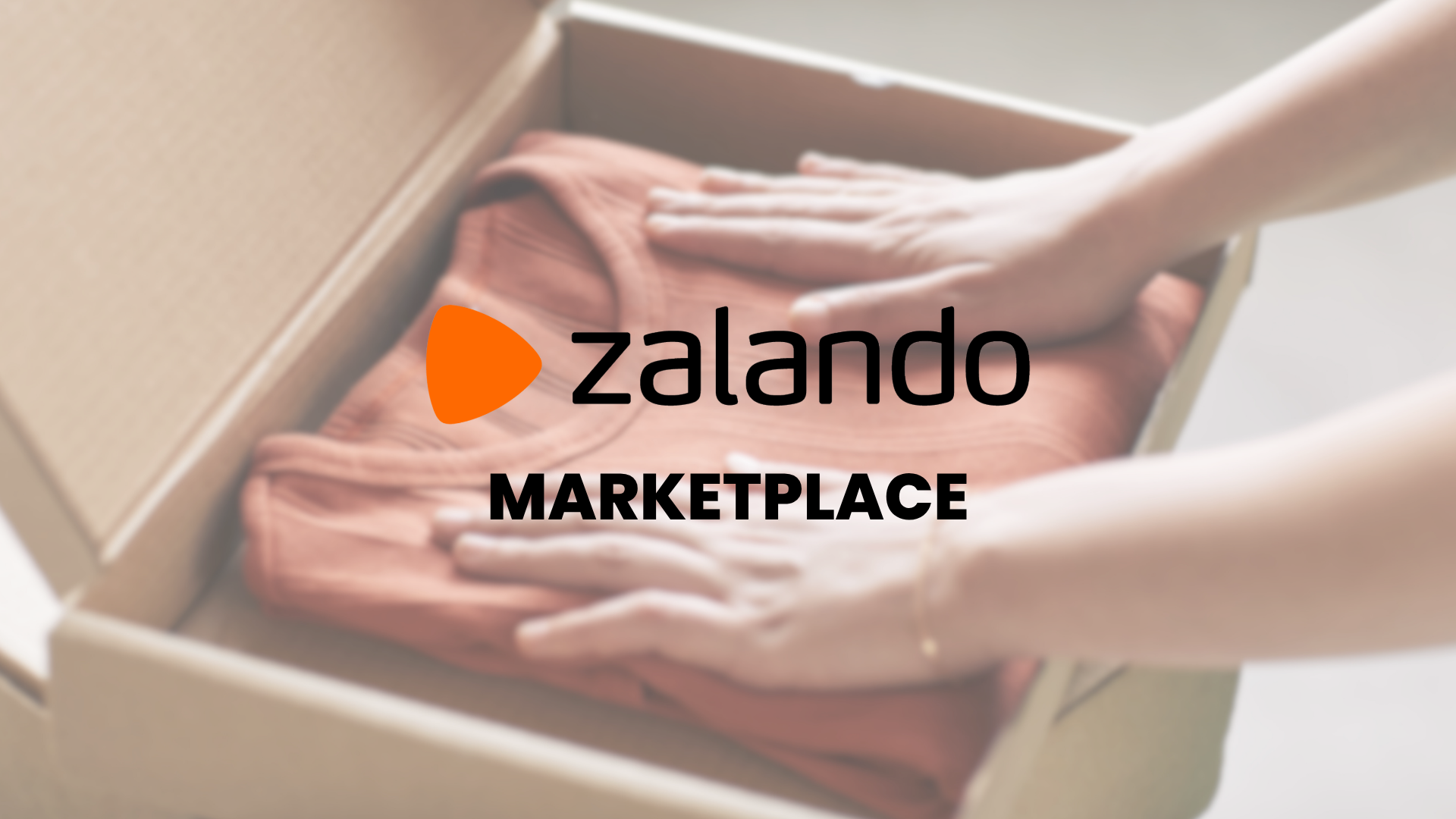 Hands placing a folded jumper in a cardboard shipping box, with the Zalando Marketplace logo on the image