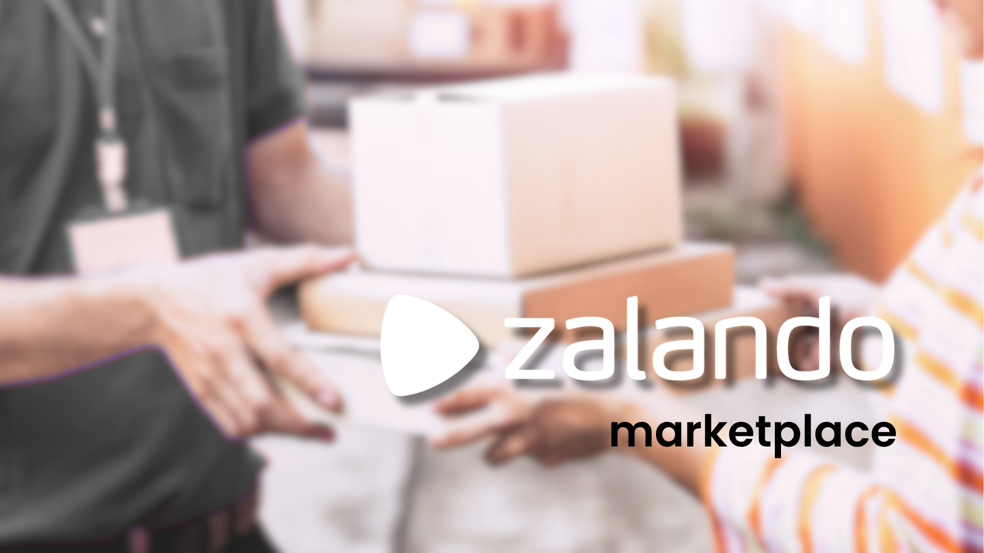Courier with an ID badge handing cardboard parcels to a recipient, with the Zalando logo and ‘marketplace’ in the foreground
